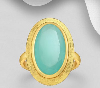 Desire by 7K - 925 Sterling Silver Solitaire Ring, Decorated with Lab-Created Aqua Chalcedony, Plated with 0.3 Micron 18K Yellow Gold