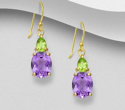 Desire by 7K - 925 Sterling Silver Hook Earrings, Decorated with Amethyst and Peridot, Plated with 0.5 Micron 18K Yellow Gold