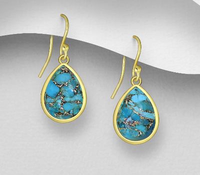 Desire by 7K - 925 Sterling Silver Hook Earrings, Decorated with Reconstructed Copper Turquoise, Plated with 0.3 Micron 18K Yellow Gold