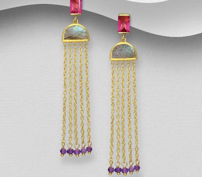 Desire by 7K - 925 Sterling Silver Push-Back Earrings, Decorated with Lab-Created Pink Tourmaline, Labradorite and Amethyst, Plated with 0.3 Micron 18K Yellow Gold