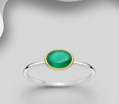 Desire by 7K - 925 Sterling Silver Solitaire Ring, Decorated with Green Onyx, Bezel Plated with 0.3 Micron 18K Yellow Gold