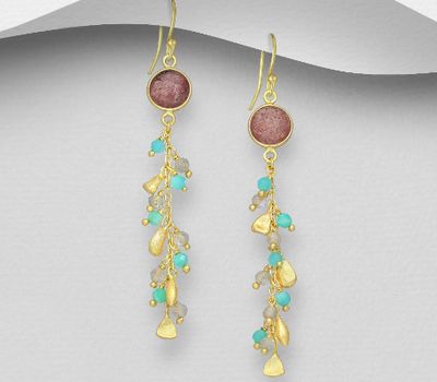 Desire by 7K - 925 Sterling Silver Hook Earrings, Decorated with Amazonite, Labradorite and Strawberry Quartz, Plated with 0.3 Micron 18K Yellow Gold