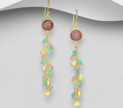 Şəkli böyütmək üçün tiklayın Desire by 7K - 925 Sterling Silver Hook Earrings, Decorated with Amazonite, Labradorite and Strawberry Quartz, Plated with 0.3 Micron 18K Yellow Gold