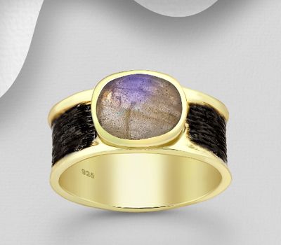 Şəkli böyütmək üçün tiklayın Desire by 7K - 925 Sterling Silver Oxidized Solitaire Ring, Decorated with Labradorite, Plated with 0.3 Micron 18K Yellow Gold