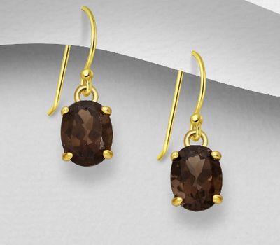 Desire by 7K - 925 Sterling Silver Hook Earrings, Decorated with Smoky Quartz, Plated with 0.5 Micron 18K Yellow Gold