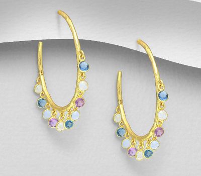 Desire by 7K - 925 Sterling Silver Push-Back Earrings, Decorated with Lab-Created Iolite, Amethyst, Light Chalcedony Jade and Rainbow Moonstone, Plated with 0.3 Micron 18K Yellow Gold