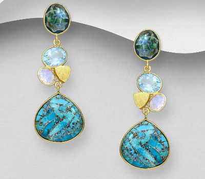 Desire by 7K - 925 Sterling Silver Push-Back Earrings, Decorated with Lab-Created lolite, lab-Created Sky-Blue Topaz, Rainbow Moonstone and Reconstructed Copper Turquoise. Plated with 0.3 Micron 18K Yellow Gold