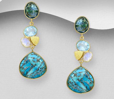 Şəkli böyütmək üçün tiklayın Desire by 7K - 925 Sterling Silver Push-Back Earrings, Decorated with Lab-Created lolite, lab-Created Sky-Blue Topaz, Rainbow Moonstone and Reconstructed Copper Turquoise. Plated with 0.3 Micron 18K Yellow Gold