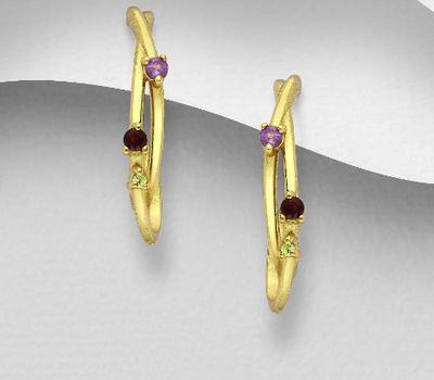 Desire by 7K - 925 Sterling Silver Push-Back Earrings, Decorated with Amethyst, Garnet and Peridot