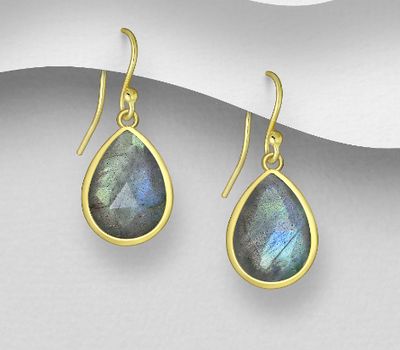 Desire by 7K - 925 Sterling Silver Hook Earrings, Decorated with Labradorite, Plated with 0.3 Micron 18K Yellow Gold