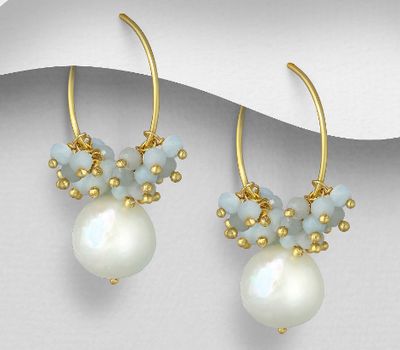 Desire by 7K - 925 Sterling Silver Hoop Earrings, Beaded with Milky Aquamarine and Freshwater Pearl, Plated with 0.3 Micron 18K Yellow Gold