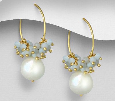 Şəkli böyütmək üçün tiklayın Desire by 7K - 925 Sterling Silver Hoop Earrings, Beaded with Milky Aquamarine and Freshwater Pearl, Plated with 0.3 Micron 18K Yellow Gold