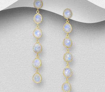 Desire by 7K - 925 Sterling Silver Push-Back Earrings, Decorated with Rainbow Moonstone, Plated with 0.3 Micron 18K Yellow Gold