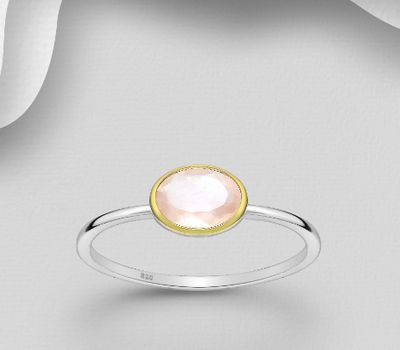 Desire by 7K - 925 Sterling Silver Solitaire Ring, Decorated with Rose Quartz, Bezel Plated with 0.3 Micron 18K Yellow Gold
