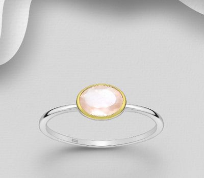 Şəkli böyütmək üçün tiklayın Desire by 7K - 925 Sterling Silver Solitaire Ring, Decorated with Rose Quartz, Bezel Plated with 0.3 Micron 18K Yellow Gold
