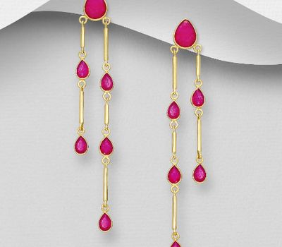 Desire by 7K - 925 Sterling Silver Push-Back Earrings, Decorated with Pink Jade, Plated with 0.3 Micron 18K Yellow Gold