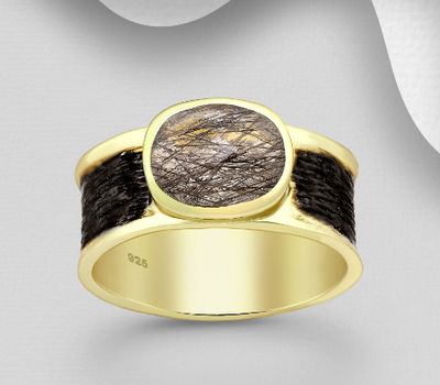 925 Sterling Silver Ring, Decorated with Black Rutilated Quartz, Plated with 0.3 Micron 18K Yellow Gold