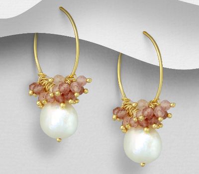 Desire by 7K - 925 Sterling Silver Hoop Earrings, Beaded with Strawberry Quartz and Freshwater Pearls, Plated with 0.3 Micron 18K Yellow Gold