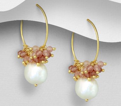 Şəkli böyütmək üçün tiklayın Desire by 7K - 925 Sterling Silver Hoop Earrings, Beaded with Strawberry Quartz and Freshwater Pearls, Plated with 0.3 Micron 18K Yellow Gold