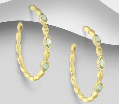 Desire by 7K - 925 Sterling Silver Semi-Circle Push-Back Earrings, Decorated with Lab-Created Green Amethyst, Plated with 0.3 Micron 18K Yellow Gold