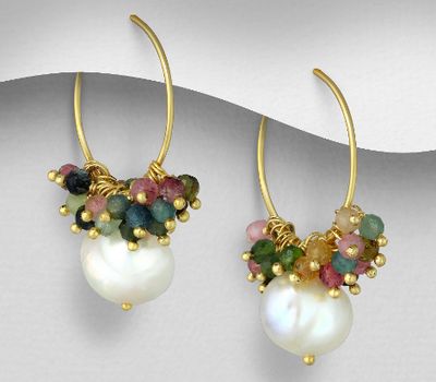Desire by 7K - 925 Sterling Silver Hoop Earrings, Beaded with Freshwater Pearl and Tourmaline, Plated with 0.3 Micron 18K Yellow Gold