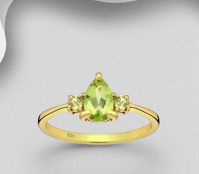 Desire by 7K - 925 Sterling Silver Ring, Decorated with Peridot, Plated with 0.5 Micron 18K Yellow Gold
