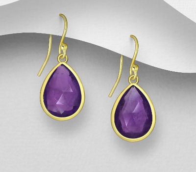 Desire by 7K - 925 Sterling Silver Hook Earrings, Decorated with Amethyst, Plated with 0.3 Micron 18K Yellow Gold