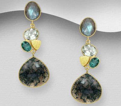 Desire by 7K - 925 Sterling Silver Push-Back Earrings, Decorated with Lab-Created Green Amethyst, Lab-Created Green Tourmaline, Labradorite and Moss Agate, Plated with 0.3 Micron 18K Yellow Gold