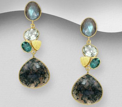 Şəkli böyütmək üçün tiklayın Desire by 7K - 925 Sterling Silver Push-Back Earrings, Decorated with Lab-Created Green Amethyst, Lab-Created Green Tourmaline, Labradorite and Moss Agate, Plated with 0.3 Micron 18K Yellow Gold
