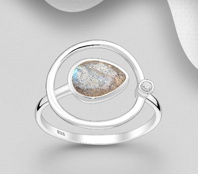 Desire by 7K - 925 Sterling Silver Adjustable Ring, Decorated with CZ Simulated Diamonds and Labradorite