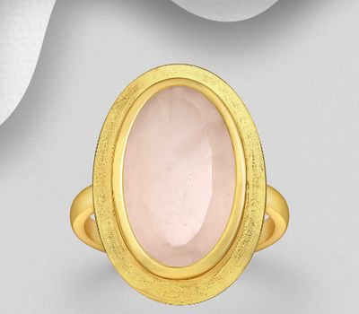 Desire by 7K - 925 Sterling Silver Solitaire Ring, Decorated with Rose Quartz, Plated with 0.3 Micron 18K Yellow Gold