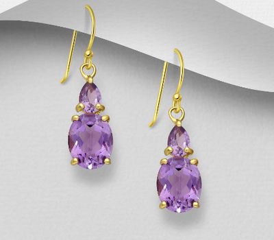 Desire by 7K - 925 Sterling Silver Hook Earrings, Decorated Amethyst, Plated with 0.5 Micron 18K Yellow Gold