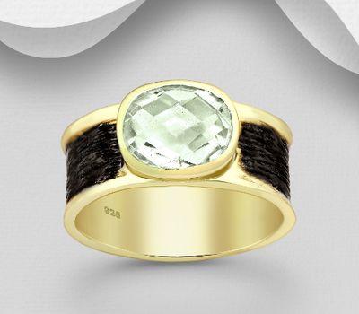 Desire by 7K - 925 Sterling Silver Oxidized Solitaire Ring, Decorated with Green Amethyst, Plated with 0.3 Micron 18K Yellow Gold
