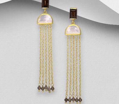 Desire by 7K - 925 Sterling Silver Push-Back Earrings, Decorated with Lab-Created Morganite and Smoky Quartz, Plated with 0.3 Micron 18K Yellow Gold