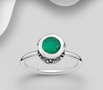 Desire by 7K - 925 Sterling Silver Oxidized Solitaire Ring, Decorated with Green Onyx