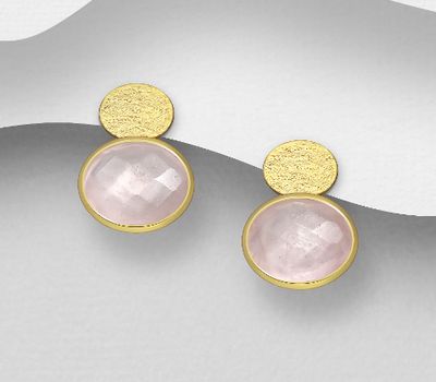 Desire by 7K - 925 Sterling Silver Push-Back Earrings, Decorated with Rose Quartz, Plated with 0.3 Micron 18K Yellow Gold