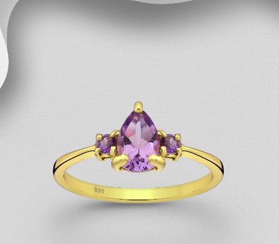 Desire by 7K - 925 Sterling Silver Triangle Ring, Decorated with Amethyst, Plated with 0.5 Micron 18K Yellow Gold