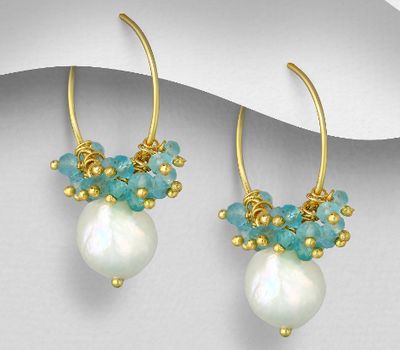 Desire by 7K - 925 Sterling Silver Hoop Earrings, Beaded with Apatite and Freshwater Pearls, Plated with 0.3 Micron 18K Yellow Gold
