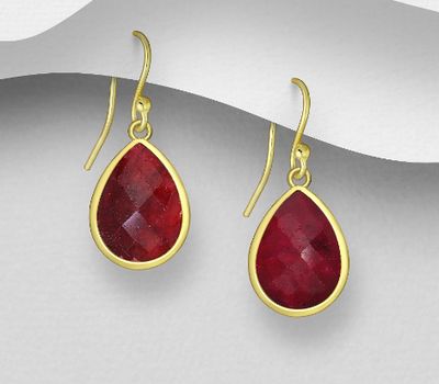 Desire by 7K - 925 Sterling Silver Hook Earrings, Decorated with Ruby, Plated with 0.3 Micron 18K Yellow Gold