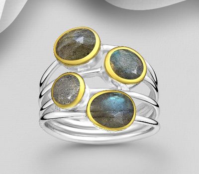 Desire by 7K - 925 Sterling Silver Ring, Decorated with Labradorite, Plated with 0.3 Micron 18K Yellow Gold