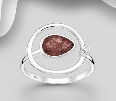 Şəkli böyütmək üçün tiklayın Desire by 7K - 925 Sterling Silver Adjustable Ring, Decorated with CZ Simulated Diamonds and Strawberry Quartz