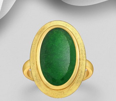 Desire by 7K - 925 Sterling Silver Solitaire Ring, Decorated with Green Onyx, Plated with 0.3 Micron 18K Yellow Gold