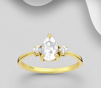 Desire by 7K - 925 Sterling Silver Ring, Decorated with White Topaz, Plated 0.5 Micron 18K Yellow Gold