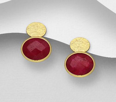 Desire by 7K - 925 Sterling Silver Push-Back Earrings, Decorated with Ruby, Plated with 0.3 Micron 18K Yellow Gold