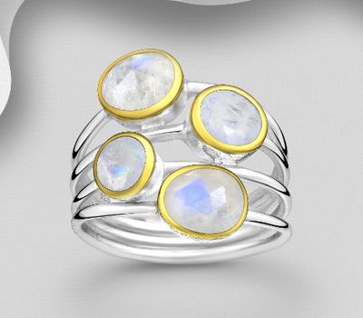 Desire by 7K - 925 Sterling Silver Ring, Decorated with Rainbow Moonstone, Plated with 0.3 Micron 18K Yellow Gold