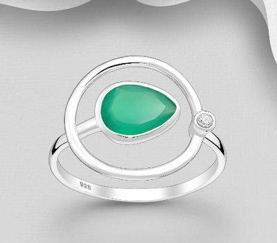 Desire by 7K - 925 Sterling Silver Adjustable Ring, Decorated with CZ Simulated Diamonds and Green Onyx