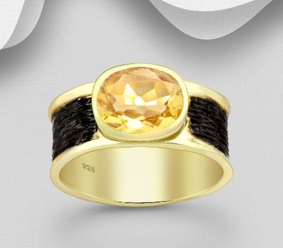 Desire by 7K - 925 Sterling Silver Oxidized Solitaire Ring, Decorated with Lab-Created Citrine, Plated with 0.3 Micron 18K Yellow Gold
