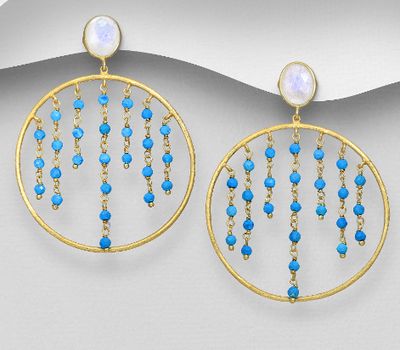 Desire by 7K - 925 Sterling Silver Push-Back Earrings, Decorated with Reconstructed Sky-Blue Turquoise and Rainbow Moonstone, Plated with 0.3 Micron 18K Yellow Gold