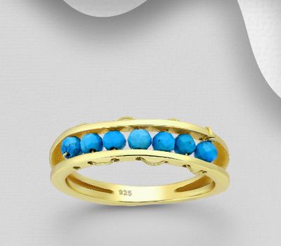 Desire by 7K - 925 Sterling Silver Ring, Beaded with Reconstructed Sky-Blue Turquoise, Plated with 0.3 Micron 18K Yellow Gold