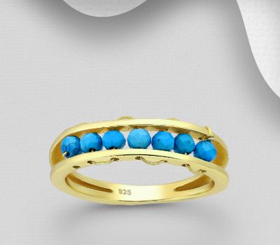 Şəkli böyütmək üçün tiklayın Desire by 7K - 925 Sterling Silver Ring, Beaded with Reconstructed Sky-Blue Turquoise, Plated with 0.3 Micron 18K Yellow Gold